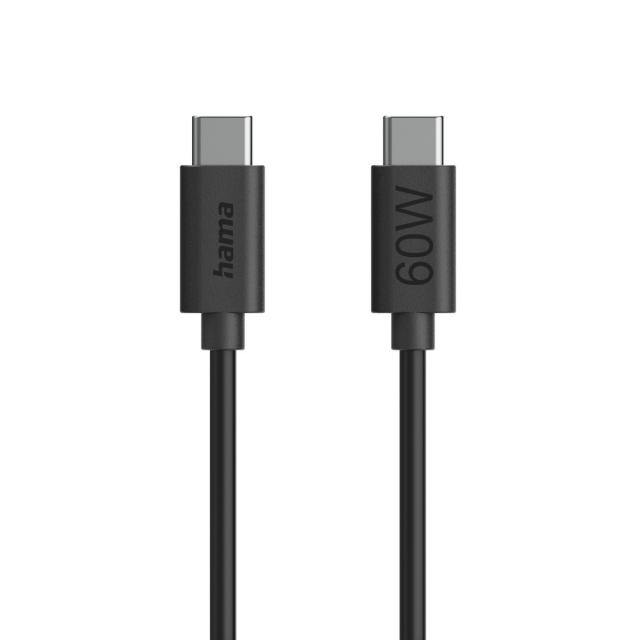 HAMA Кабел за зареждане USB-C - USB-C, 60 W, 1.2 м, черен 