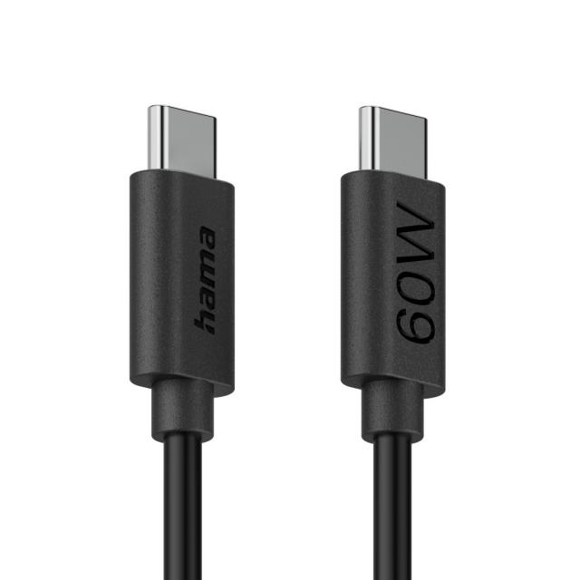 HAMA Кабел за зареждане USB-C - USB-C, 60 W, 1.2 м, черен 
