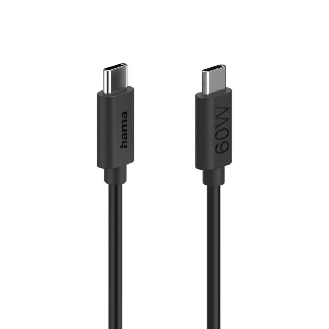 HAMA Кабел за зареждане USB-C - USB-C, 60 W, 1.2 м, черен 