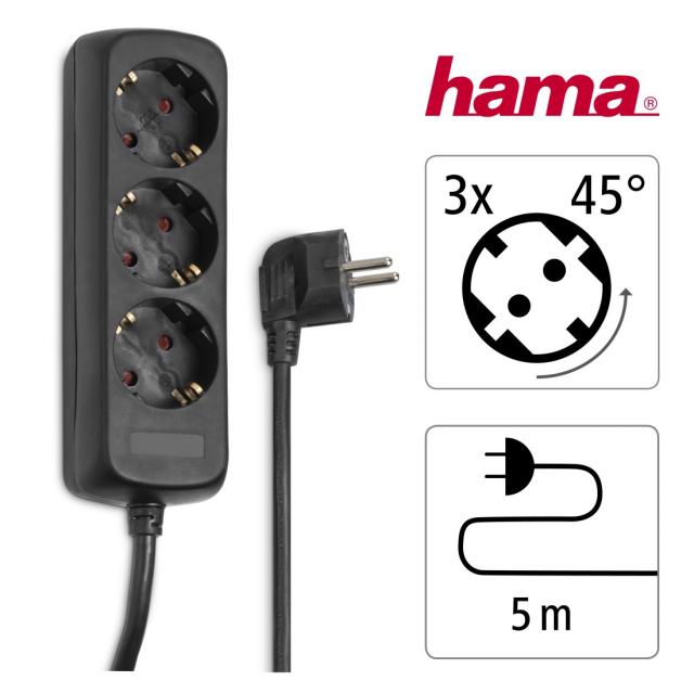 HAMA Разклонител 3 гнезда, 5м, черен 