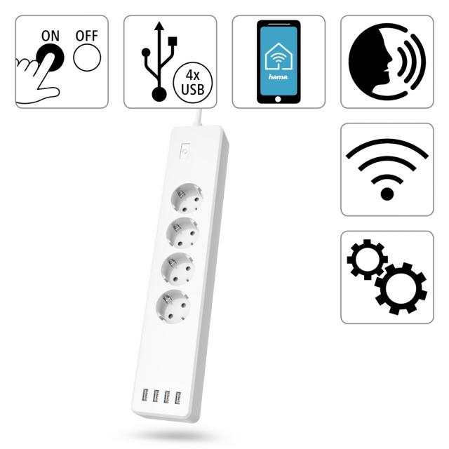 HAMA Смарт разклонител Wi-Fi  2.4Ghz, 4 гнезда, 4xUSB, 1.7 m, бял 
