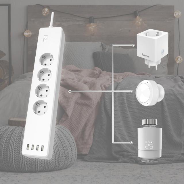 HAMA Смарт разклонител Wi-Fi  2.4Ghz, 4 гнезда, 4xUSB, 1.7 m, бял 