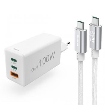 HAMA Комплект Бързо зарядно и кабел за зареждане, 100 W GaN, 2x USB-C PD, 1x USB-A QC