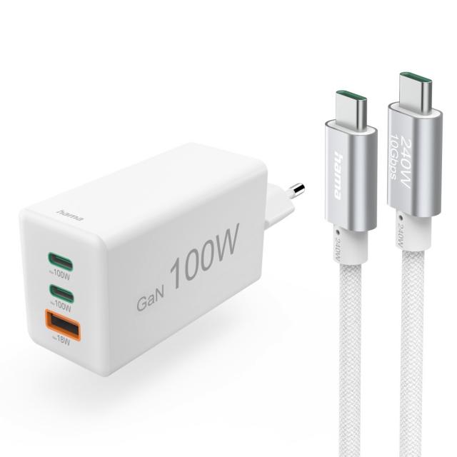 HAMA Комплект Бързо зарядно и кабел за зареждане, 100 W GaN, 2x USB-C PD, 1x USB-A QC 