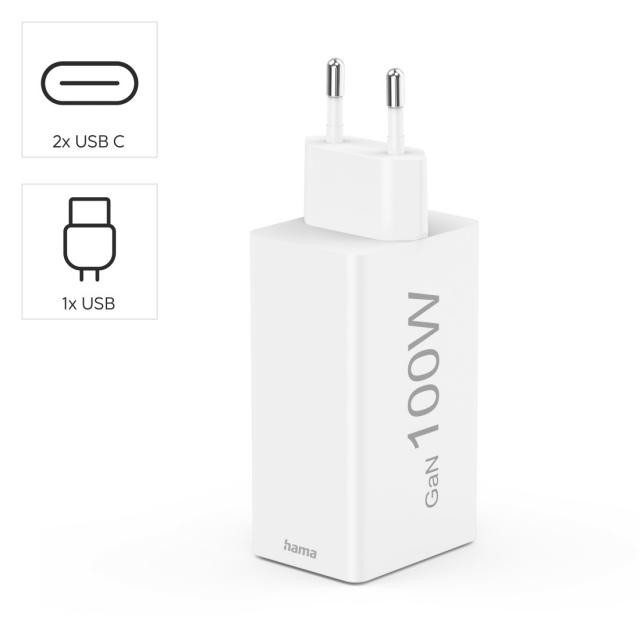 HAMA Комплект Бързо зарядно и кабел за зареждане, 100 W GaN, 2x USB-C PD, 1x USB-A QC 