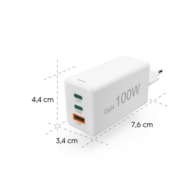 HAMA Комплект Бързо зарядно и кабел за зареждане, 100 W GaN, 2x USB-C PD, 1x USB-A QC 