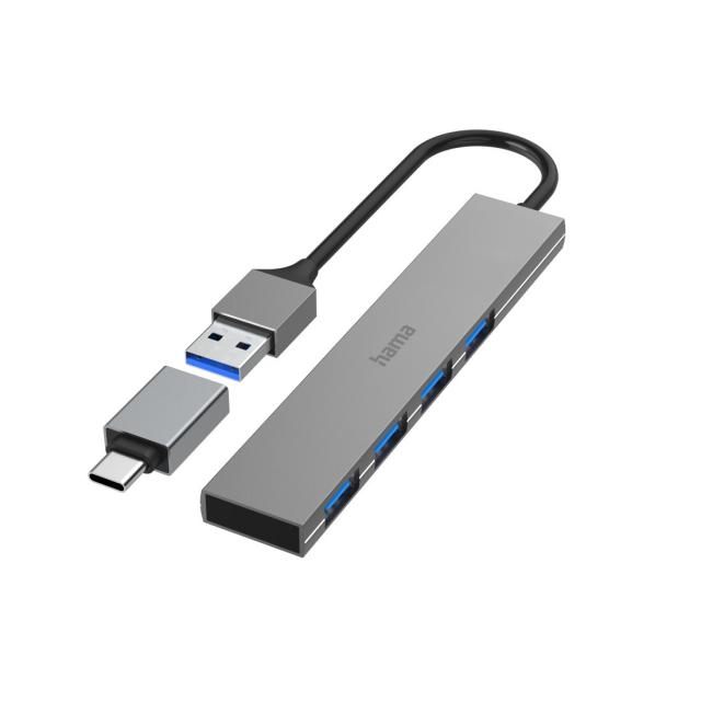 HAMA USB хъб, 4 порта, USB 3.2 Gen 1, 5 Gbit/s, ултратънък, вкл. USB-C адаптер 