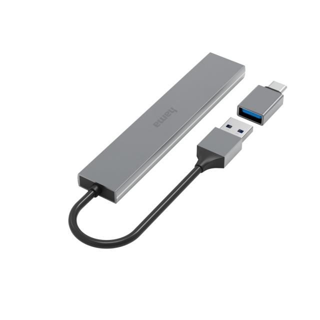 HAMA USB хъб, 4 порта, USB 3.2 Gen 1, 5 Gbit/s, ултратънък, вкл. USB-C адаптер 