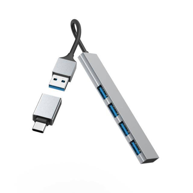 HAMA USB хъб, 4 порта, USB 3.2 Gen 1, 5 Gbit/s, ултратънък, вкл. USB-C адаптер 
