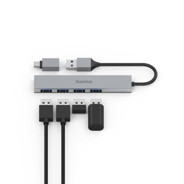 HAMA USB хъб, 4 порта, USB 3.2 Gen 1, 5 Gbit/s, ултратънък, вкл. USB-C адаптер 