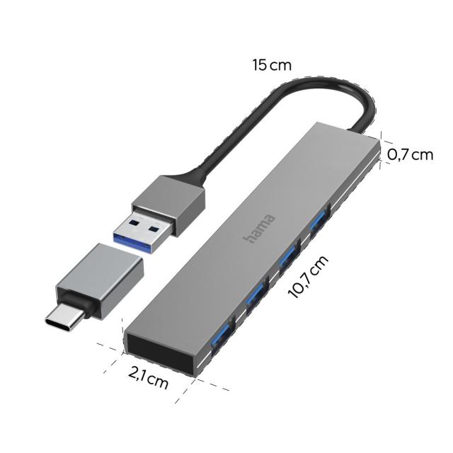 HAMA USB хъб, 4 порта, USB 3.2 Gen 1, 5 Gbit/s, ултратънък, вкл. USB-C адаптер 