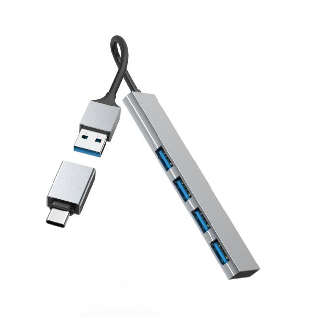HAMA USB хъб, 4 порта, USB 3.2 Gen 1, 5 Gbit/s, ултратънък, вкл. USB-C адаптер 
