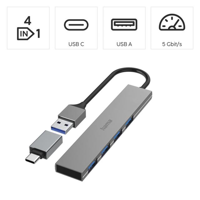 HAMA USB хъб, 4 порта, USB 3.2 Gen 1, 5 Gbit/s, ултратънък, вкл. USB-C адаптер 