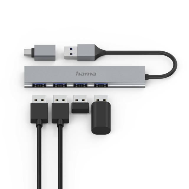 HAMA USB хъб, 4 порта, USB 3.2 Gen 1, 5 Gbit/s, ултратънък, вкл. USB-C адаптер 