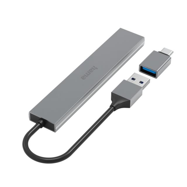 HAMA USB хъб, 4 порта, USB 3.2 Gen 1, 5 Gbit/s, ултратънък, вкл. USB-C адаптер 