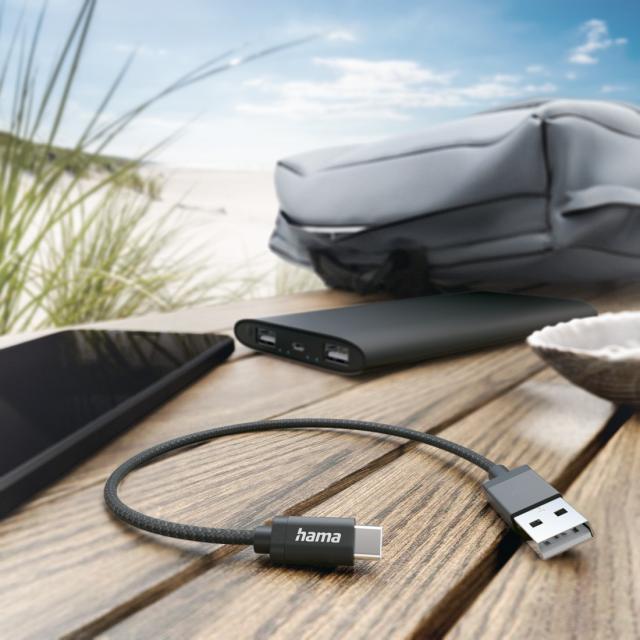 Hama Charging Cable, USB-A - USB-C, 0.2 m, Nylon, black 
