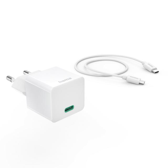 Hama Fast Charger with USB-C Charging Cable, Mini Charger, PD, 20W, 1 m, white 