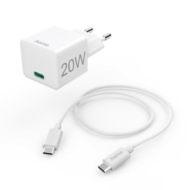Hama Fast Charger with USB-C Charging Cable, Mini Charger, PD, 20W, 1 m, white 