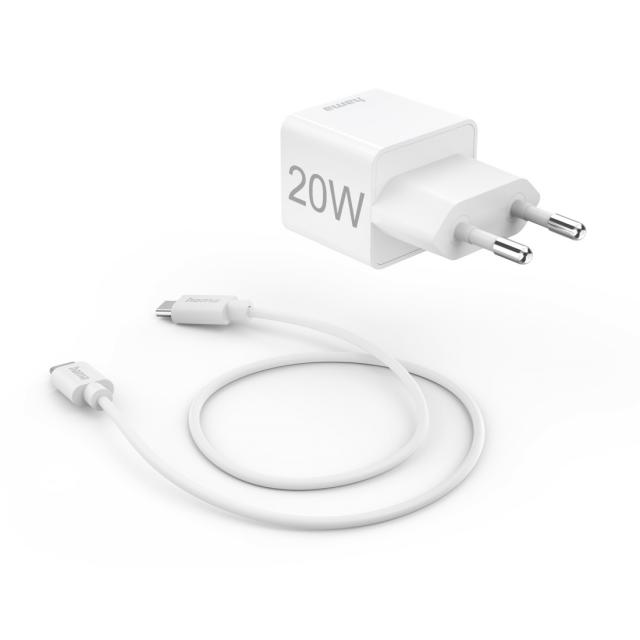 Hama Fast Charger with USB-C Charging Cable, Mini Charger, PD, 20W, 1 m, white 