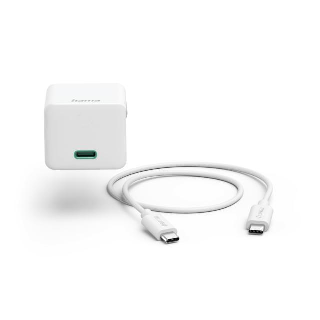 Hama Fast Charger with USB-C Charging Cable, Mini Charger, PD, 20W, 1 m, white 