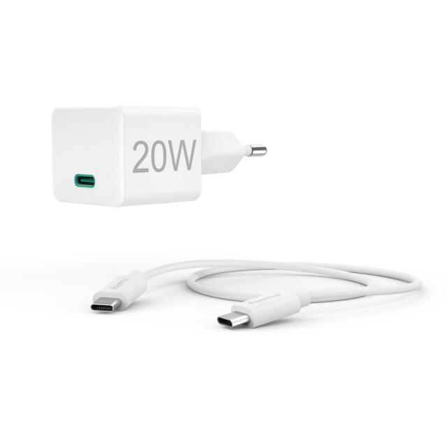Hama Fast Charger with USB-C Charging Cable, Mini Charger, PD, 20W, 1 m, white 
