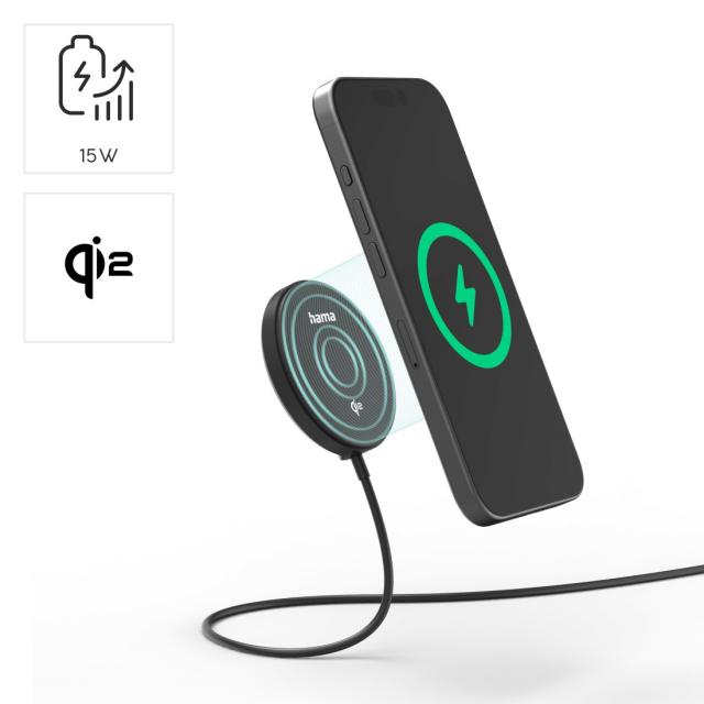 Hama Wireless Qi2 Charger, Inductive Charging Pad, Fast Charging, 15 W, black 