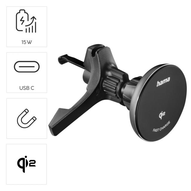 Hama Wireless Qi2 Charger, Inductive Fast Charging in the Car, 15 W, black 