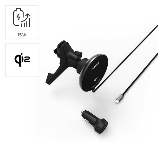 Hama Wireless Qi2 Charger, Inductive Fast Charging in the Car, 15 W, black 