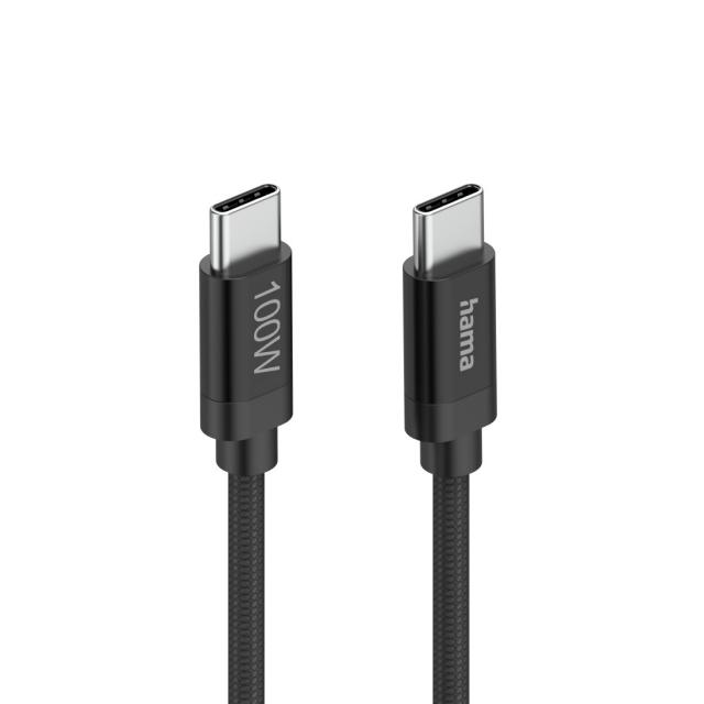 Hama Кабел за зареждане, "Fabric", USB-C - USB-C, 100 W, 1.5 m, Nylon, black 