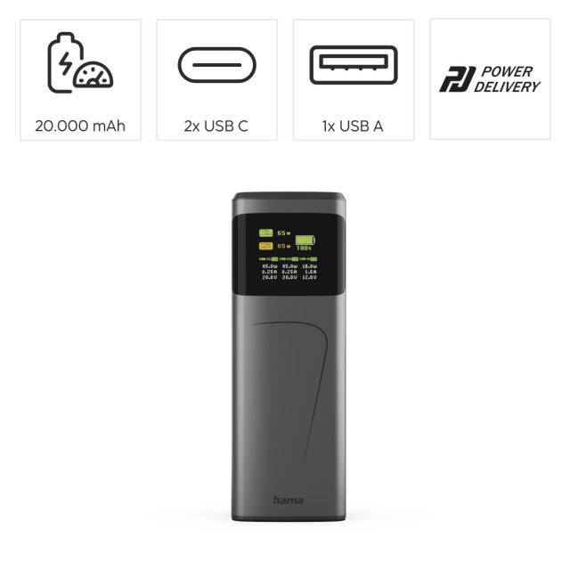 Hama “High Power” Power Pack, 65 W, 20000 mAh, 2x USB-C, USB-A, Fast Charging 
