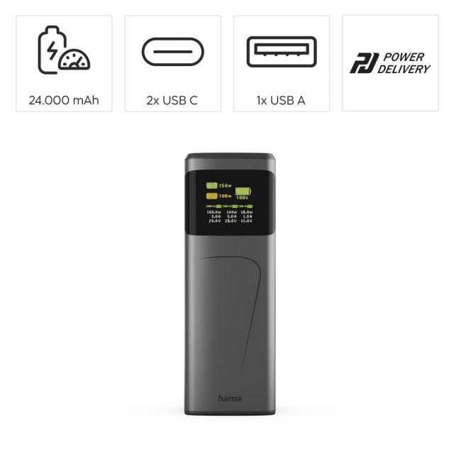 Hama “”High Power” Power Pack, 150 W, 24000 mAh, 2x USB-C, USB-A, Quick Charging 