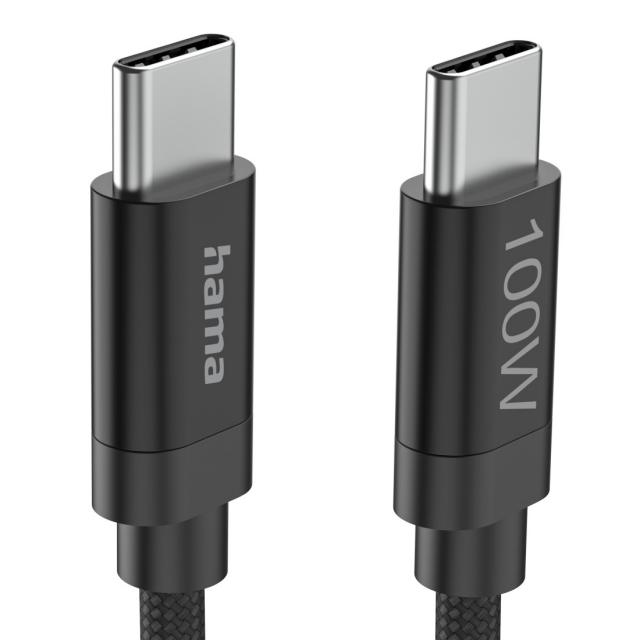 Hama Кабел за зареждане, "Fabric", USB-C - USB-C, 100 W, 3 m, Nylon, black 