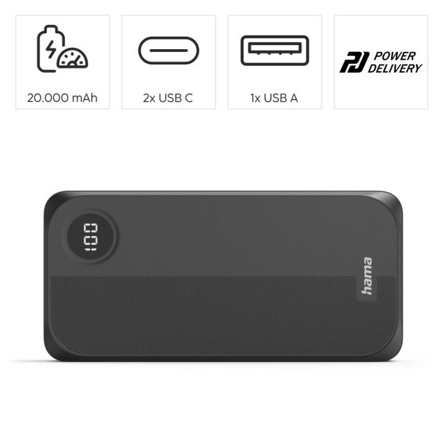 Hama Power Pack 20000 mAh, 3 outputs: 2 x USB-C, 1 x USB-A, black 