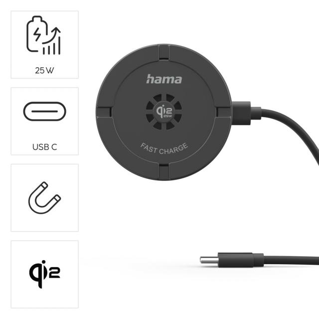 Hama Wireless Qi2 25W Charger, Inductive Charging Pad, Fast Charging, 25 W, blac 