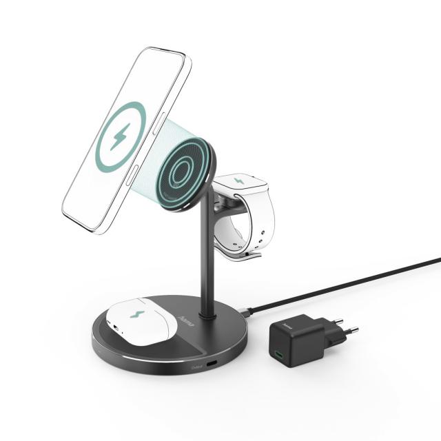 HAMA Безжична зарядна станция 3 в 1, Qi2, 15 W, индуктивно бързо зареждане 