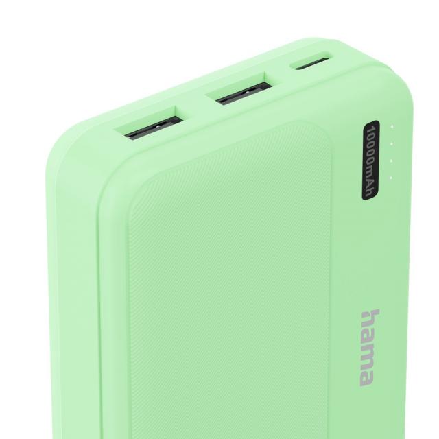 HAMA Външна батерия "Pocket 10", 10000 mAh, Изходи: 2x USB-A, зелена 