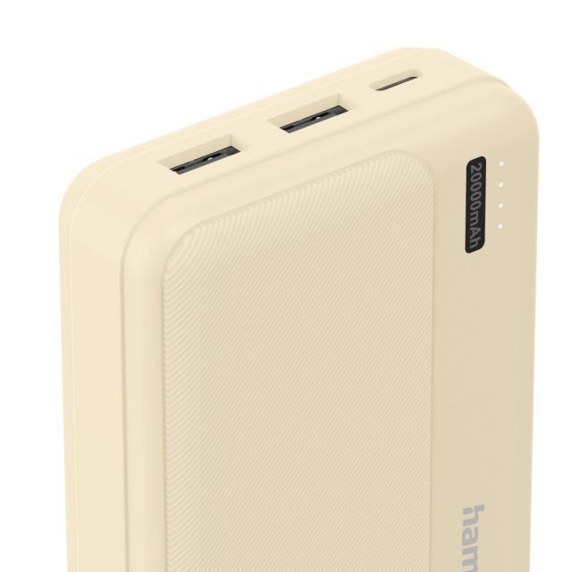HAMA Външна батерия "Pocket 20", 20000 mAh, Изходи: 2x USB-A, бежов 