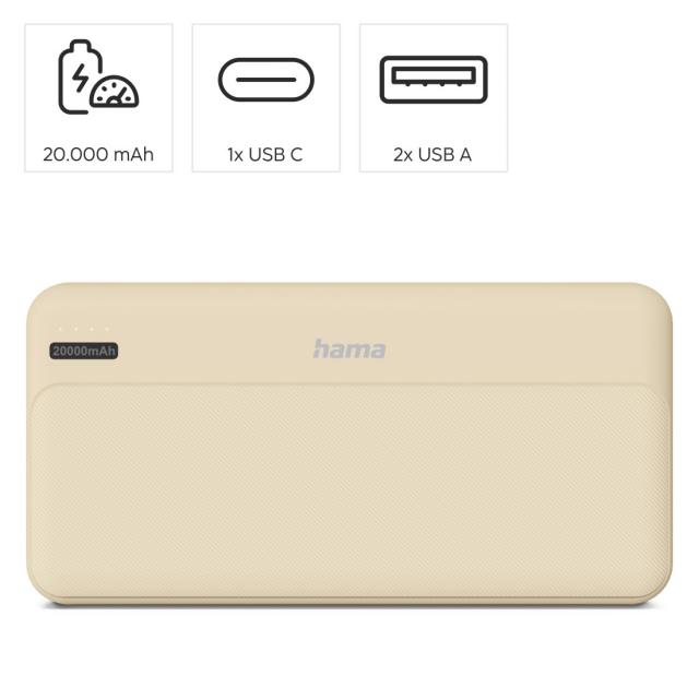 HAMA Външна батерия "Pocket 20", 20000 mAh, Изходи: 2x USB-A, бежов 
