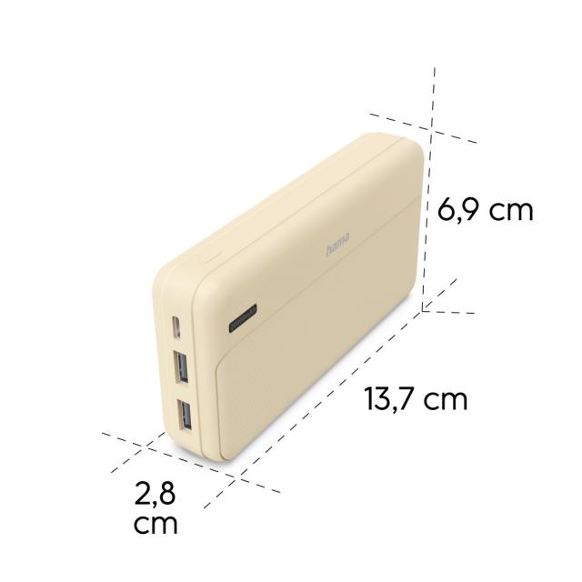 HAMA Външна батерия "Pocket 20", 20000 mAh, Изходи: 2x USB-A, бежов 