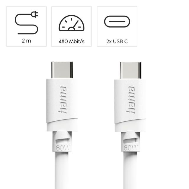 HAMA Кабел USB-C - USB-C, 60W, 2 м, бял 