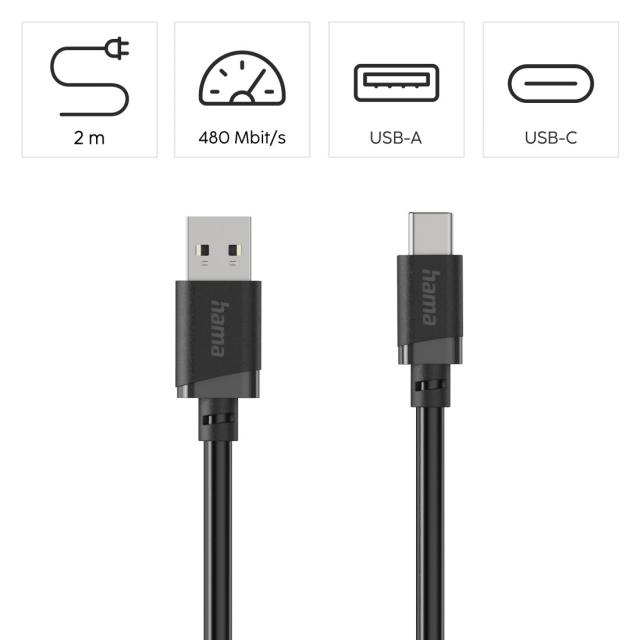 HAMA Кабел USB-A - USB-C, 2 м, черен 