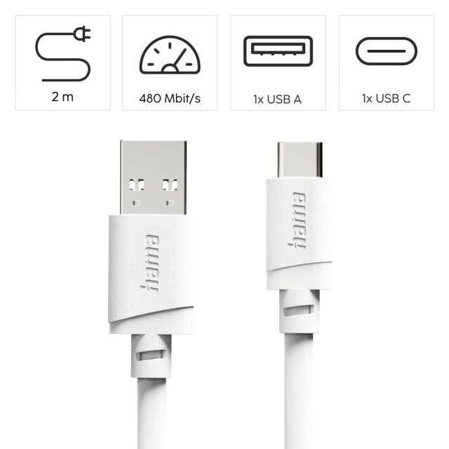 HAMA Кабел USB-A - USB-C, 2 м, бял 