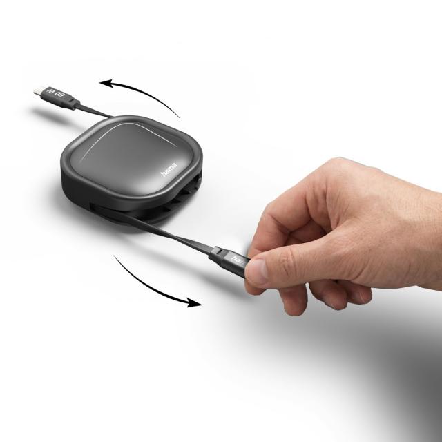 Hama Retractable Charging Cable, USB-C - USB-C, 60 W, 1 m 