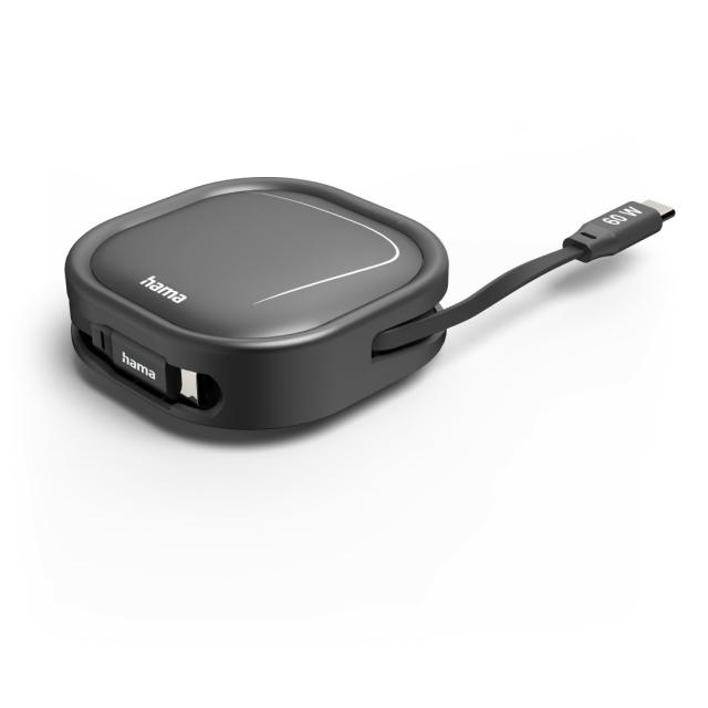 Hama Retractable Charging Cable, USB-C - USB-C, 60 W, 1 m 