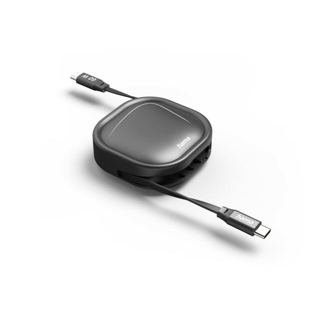 Hama Retractable Charging Cable, USB-C - USB-C, 60 W, 1 m 