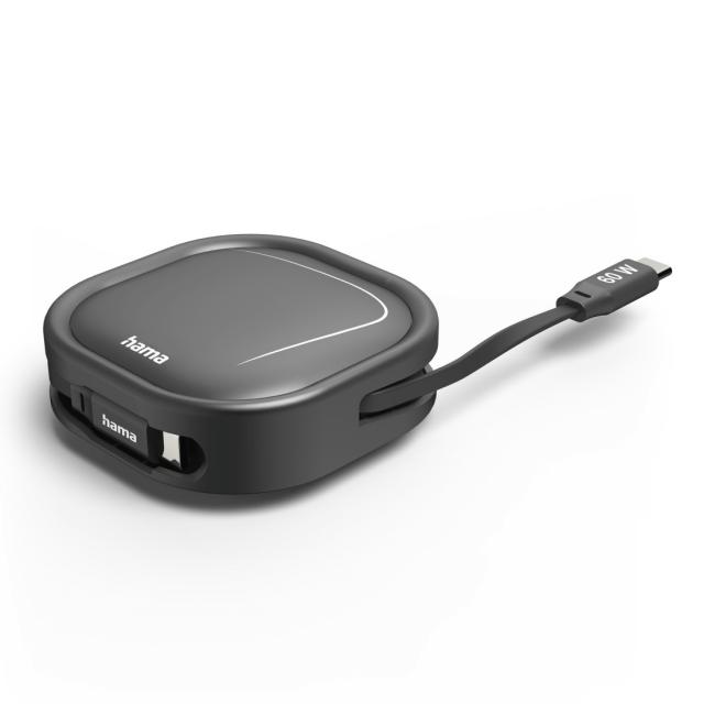 Hama Retractable Charging Cable, USB-C - USB-C, 60 W, 1 m 