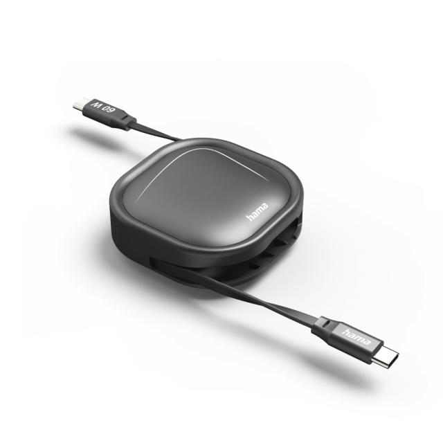 Hama Retractable Charging Cable, USB-C - USB-C, 60 W, 1 m 
