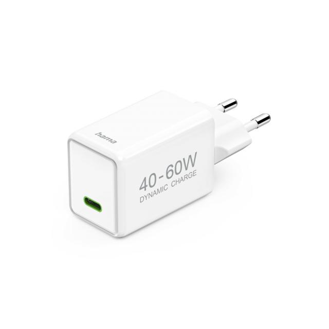 HAMA Бързо зарядно устройство, 40–60 W, GaN, USB-C, PD, Dynamic Fast Charger, бяло 