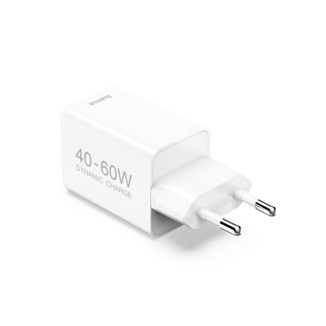 HAMA Бързо зарядно устройство, 40–60 W, GaN, USB-C, PD, Dynamic Fast Charger, бяло 