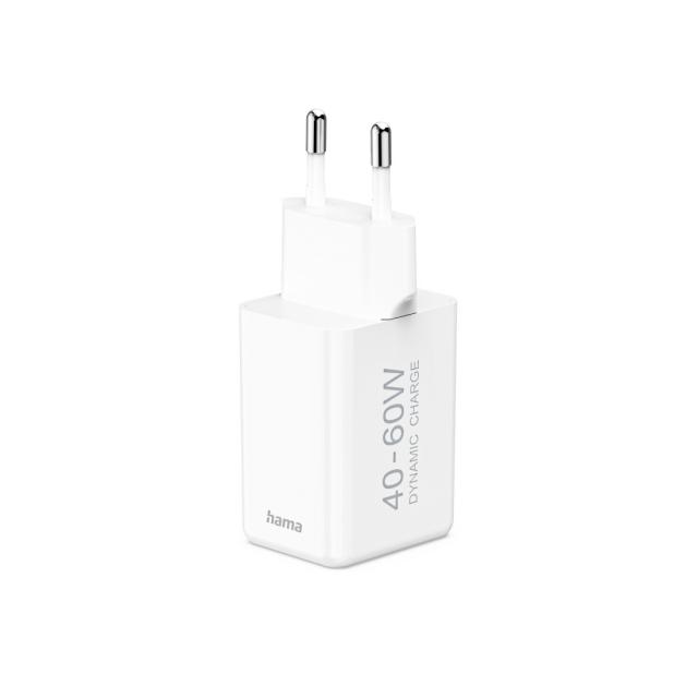 HAMA Бързо зарядно устройство, 40–60 W, GaN, USB-C, PD, Dynamic Fast Charger, бяло 